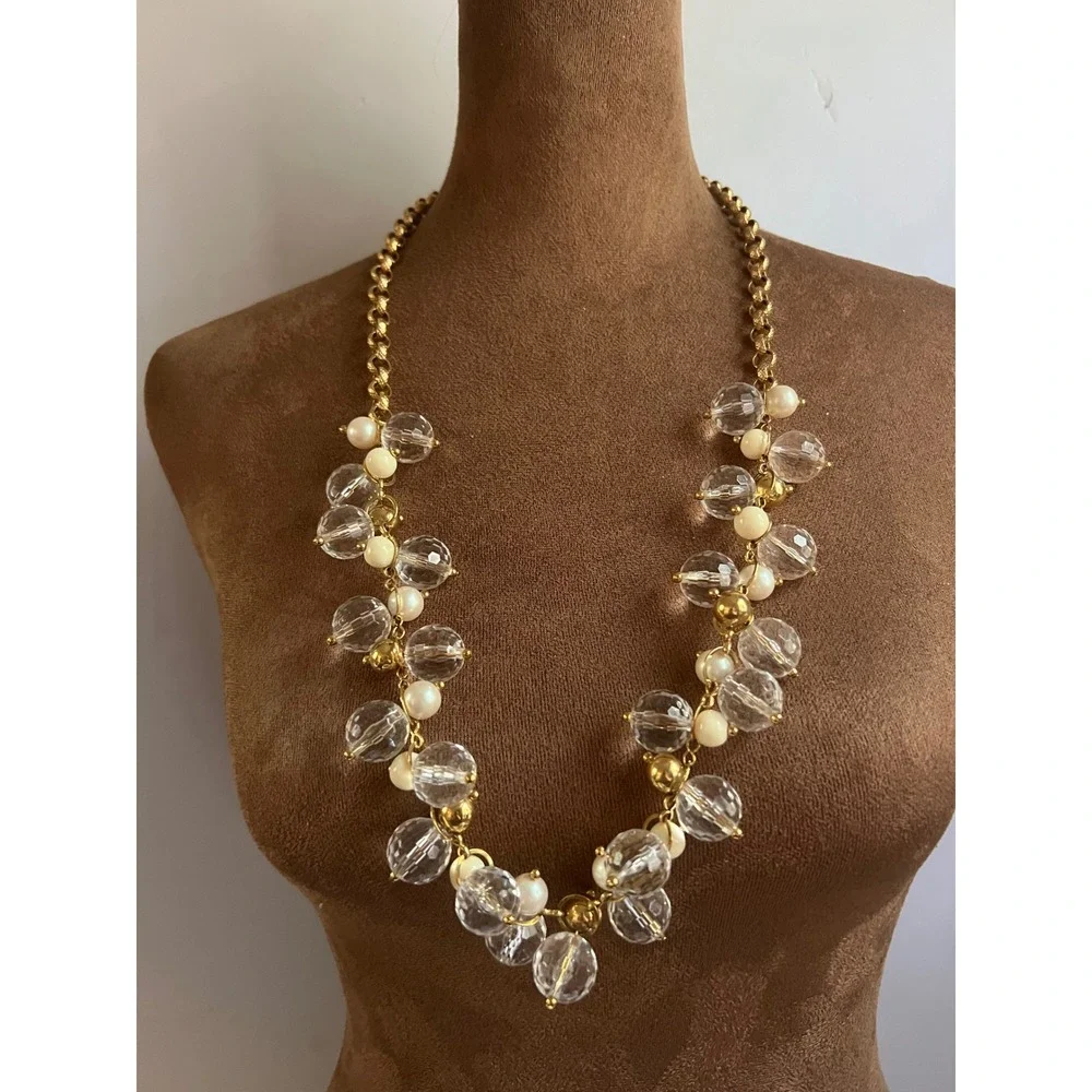 Kate Spade Gold Tone Faux Pearl Clear Bead Statement Necklace 31